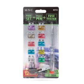   M.N.C. Biztosíték készlet 05713 + fázisceruza + teszter - késes - 10 db - 6 - 24V, 3 - 30A