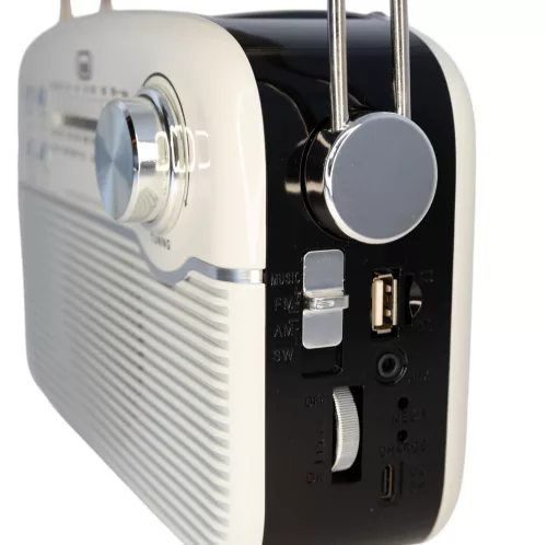 Trevi RA 7F50 BT Hordozható vintage napelemes rádió, Bluetooth-tal, USB és SD kártya bemenettel krémfehér színben 