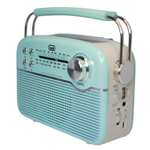 Trevi RA 7F50 BT Hordozható vintage napelemes rádió, Bluetooth-tal, USB és SD kártya bemenettel Tiffany zöld színben 