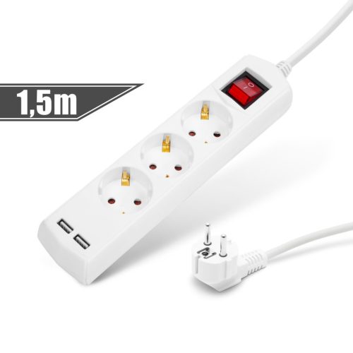 Delight 20221U Elosztó 3-as - 3 x 1,5 mm - 1,5 m - 2 x USB-vel - kapcsolós
