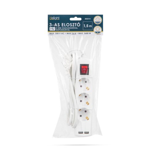 Delight 20221U Elosztó 3-as - 3 x 1,5 mm - 1,5 m - 2 x USB-vel - kapcsolós