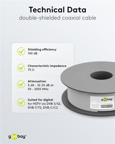 Goobay 27528 Koax antenna aluminium vezeték-réz bevonatal, 2 x árnyékolt, 100m