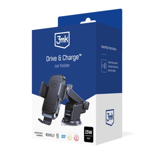 3MK Drive & Charge Vezeték nélküli autós tartó és töltő 15W - Fekete, 3MK487139