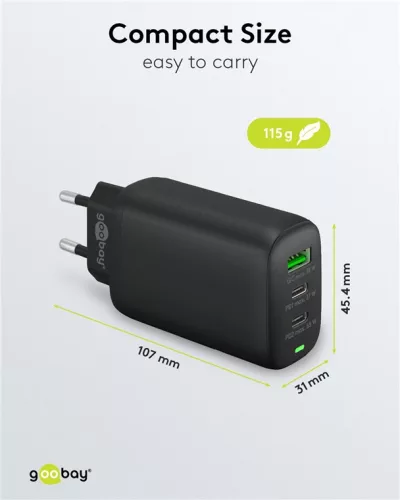 Goobay 65407 PD GaN USB-A / 2x USB-C Hálózati töltő - Fekete (65W)