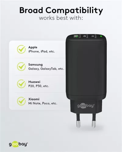Goobay 65407 PD GaN USB-A / 2x USB-C Hálózati töltő - Fekete (65W)