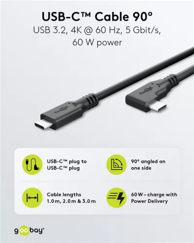 Goobay 79421 Adatkábel  90° - Type-C / Type-C - fekete - 1 m - 3 A - 60 W