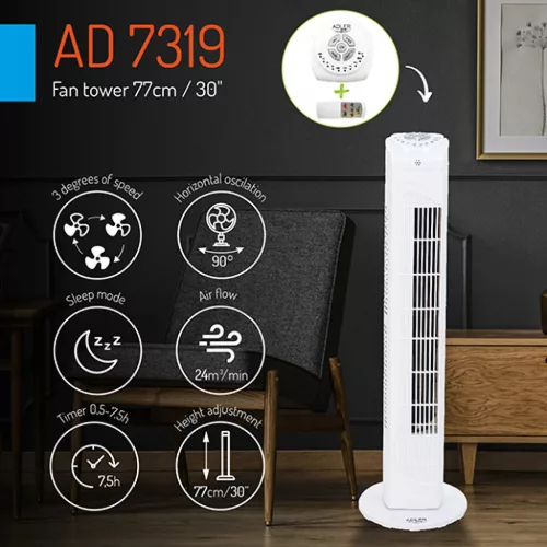Adler AD7319 80W programozható fehér torony ventilátor