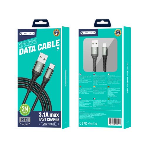 Jellico B12BK USB - USB-C Kábel - 2m , 3,1A - fekete