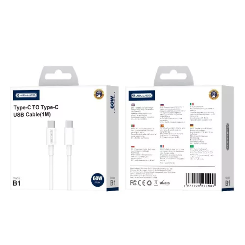 Jellico B1C Series USB-C apa - USB-C apa Adat és töltőkábel 60W - Fehér (1m)