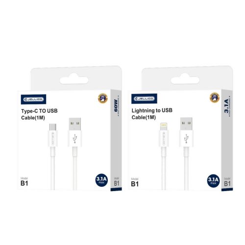 Jellico B1 USB-C adat- és töltőkábel, 3.0 gyorstöltés, 3,1A, 1m, fehér