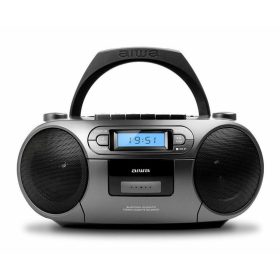   Aiwa BBTC-550MG Hordozható Retro Stílusú Kazetta, CD, MP3, USB, Bluetooth rádió, ezüstszürke színben