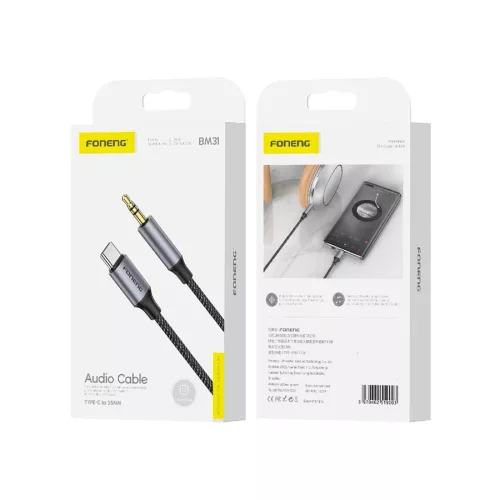 Foneng BM31C Audio Jack 3,5mm-USB-C kábel,  1m, fekete