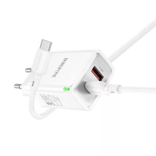 Borofone BN16 hálózati töltő USB + USB-C QC3.0 PD 45W + USB-C kábel, fehér