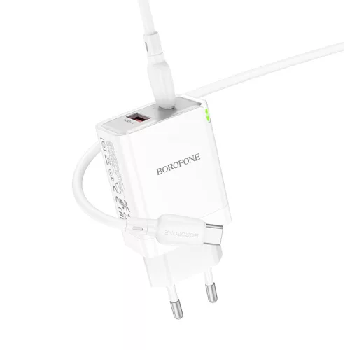 Borofone BN16 hálózati töltő USB + USB-C QC3.0 PD 45W + USB-C kábel, fehér