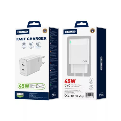 Jellico C106 Hálózati töltő GaN PD 45W 2 x USB-C, fehér