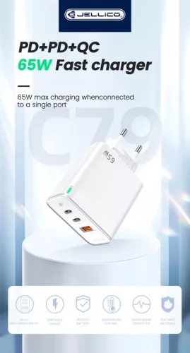 Jellico fali töltő C79 GaN PD 65W 2xUSB-C + 1xUSB QC3.0 + kábel USB-C - USB-C, fehér