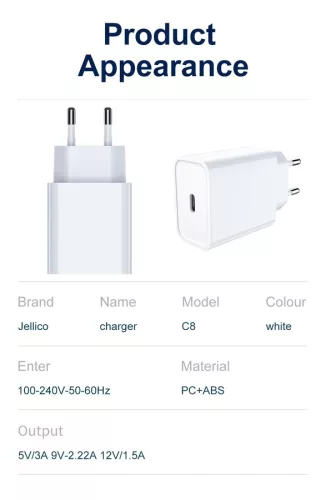 Jellico C8 Hálózati töltő USB-C, 20W, Fehér