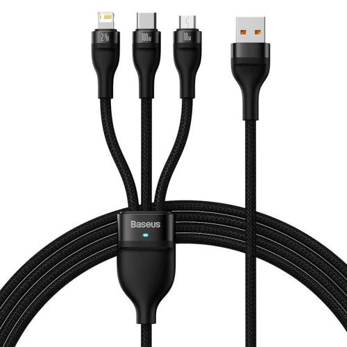 Baseus Flash Series 3 az 1-ben USB-kábel USB-C + micro USB + Lightning 100W 1.2m fekete (CASS030001)