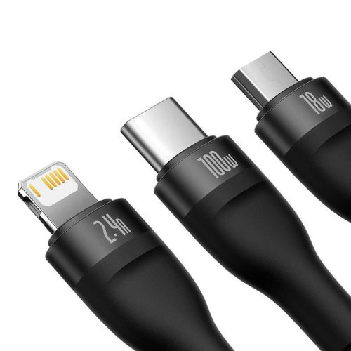 Baseus Flash Series 3 az 1-ben USB-kábel USB-C + micro USB + Lightning 100W 1.2m fekete (CASS030001)