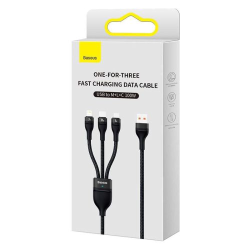 Baseus Flash Series 3 az 1-ben USB-kábel USB-C + micro USB + Lightning 100W 1.2m fekete (CASS030001)