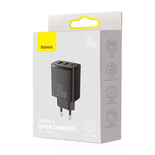 Baseus Compact gyorstöltő 2x USB + USB C, 30W, 3A, PD, QC, fekete (CCXJ-E01)