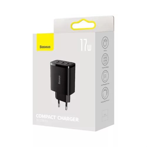 Baseus hálózati töltő, Compact töltő 3XUSB, 17W, EU, fekete (CCXJ020101)