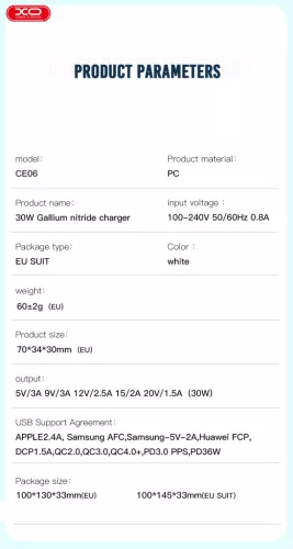 XO CE06 hálózati töltő USB-C 30W QC3.0 - Fehér