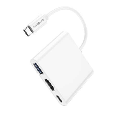 Borofone DH4, 3 hub, USB 3.1 C típusú - HDMI 4K átalakító, USB 3.0 és C típusú USB, fehér