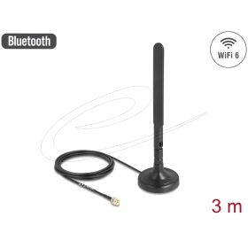   Delock WiFi 6-es antenna RP-SMA-dugó 3 dBi mindenirányú RG-174 csatlakozó kábellel 3 m, billenőcsuklóval és mágneses alappal, fekete színű (DL-10039)