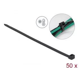   Delock Kábelkötöző ellenáll a forró hőmérsékletnek hossza 380 x szélessége 7,6 mm, 50 db. Fekete (DL-19558)