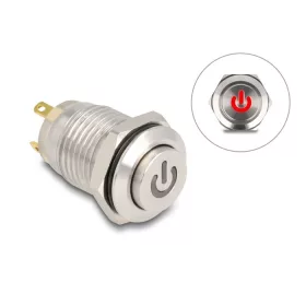   Delock Nyomógomb beszereléshez 12 mm 4 x forrasztási csatlakozó LED piros bekapcsolási szimbólum (DL-20981)