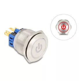   Delock Nyomógomb beszereléshez 25 mm 6 x forrasztási csatlakozó LED piros bekapcsolási szimbólummal + gyűrű (DL-20987)