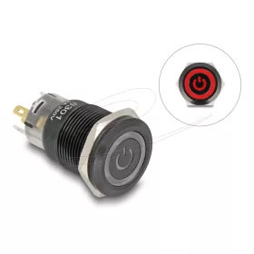   Delock Nyomó gomb beszereléshez fekete 19 mm 12 V 5 x forrasztási csatlakozás LED piros bekapcsolás szimbólum + gyűrű (DL-22023)