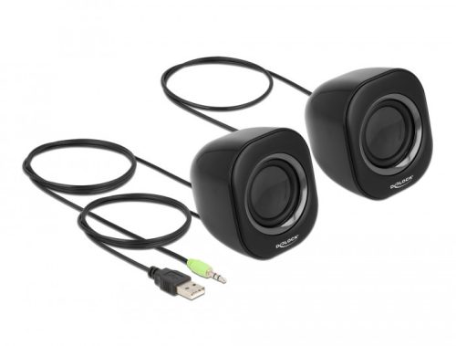 Delock Mini Sztereó személyi számítógép hangfal 3,5 mm sztereó jack apával és USB töltéssel