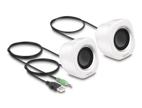 Delock Mini Sztereó személyi számítógép hangfal 3,5 mm sztereó jack apával és USB töltéssel fehér