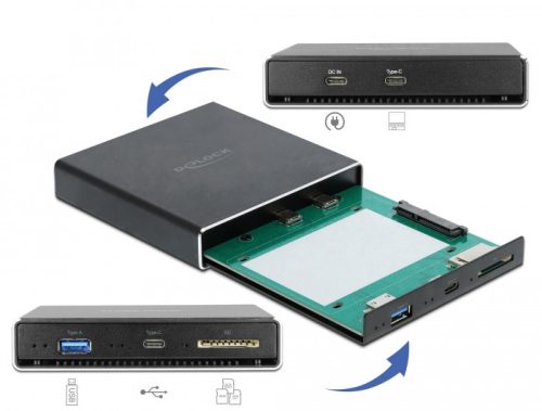 Delock Külső ház 2.5  SATA HDD / SSD-hez további USB Type-C  és A-típusú USB portokkal, valamint SD