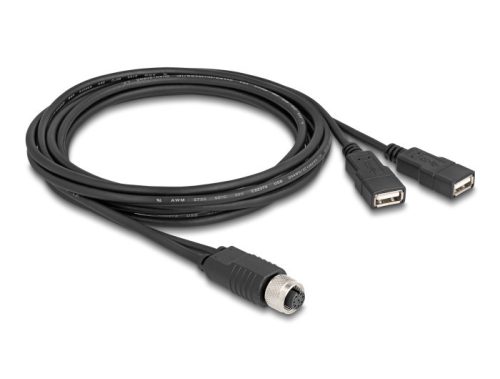 Delock M12 kábel A-kódú, 8 tűs anya- 2 x USB 2.0 A-típusú anya 2 m fekete