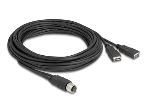 Delock M12 kábel A-kódú, 8 tűs anya- 2 x USB 2.0 A-típusú anya 5 m fekete