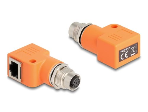 Delock M12 A-kódolt adapter 8 tűs anya - RJ45 anya Cat.5e beszerelő mélyedéssel, 90 -ban hajlított, narancssárga színű