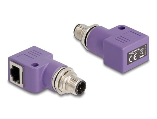 Delock M12 D-kódolt adapter 4 tűs apa - RJ45 anya Cat.5e beszerelő mélyedéssel, 90 -ban hajlított, ibolya színű