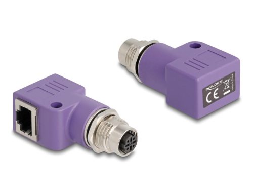 Delock M12 D-kódolt adapter 4 tűs anya - RJ45 anya Cat.5e beszerelő mélyedéssel, 90 -ban hajlított, ibolya színű