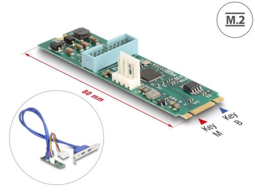 Delock Átalakító, M.2 aljzat B+M nyílással, csatlakozódugó - 2 x USB 5 Gbps A-típusú hüvely 50 cm hosszú kábellel
