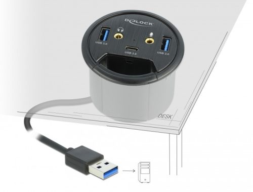 Delock 3 portos asztalba építhető USB hub 1 x USB Type-C  és 2 x A-típusú USB, valamint HD-Audio por