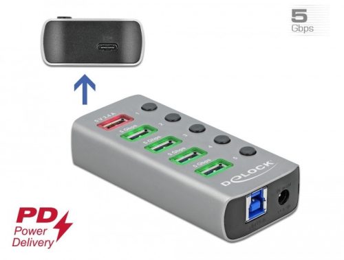 Delock USB 3.2 Gen 1 hub 4 porttal valamint 1 gyorstöltő porttal és 1 USB-C  PD 3.0 porttal kapcsoló