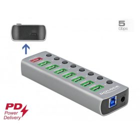   Delock USB 3.2 Gen 1 hub 7 porttal valamint 1 gyorstöltő porttal és 1 USB-C  PD 3.0 porttal kapcsoló (DL-63264)