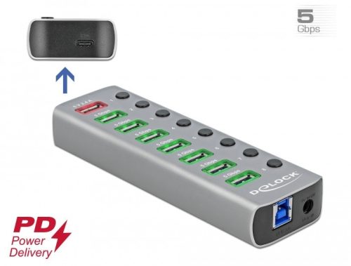 Delock USB 3.2 Gen 1 hub 7 porttal valamint 1 gyorstöltő porttal és 1 USB-C  PD 3.0 porttal kapcsoló