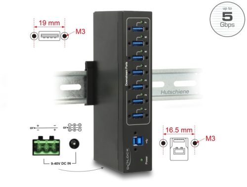 Delock Külso ipari hub 7 x USB 3.0 A-típusú 15 kV ESD védelemmel