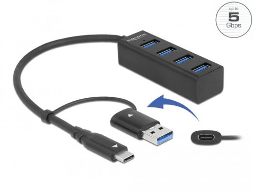 Delock 4 Port USB 3.2 Gen 1 Hub USB Type-C  vagy A-típusú USB konnektorral