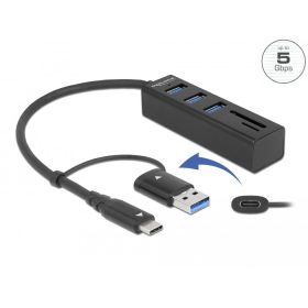   Delock 3 Port USB 3.2 Gen 1 Hub + SD és Micro SD kártyaolvasó USB Type-C  vagy A-típusú USB konnekto (DL-63859)