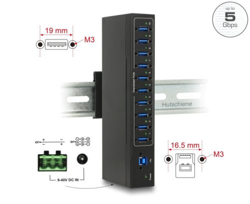 Delock Külso ipari hub 10 x USB 3.0 A-típusú 20 kV ESD védelemmel